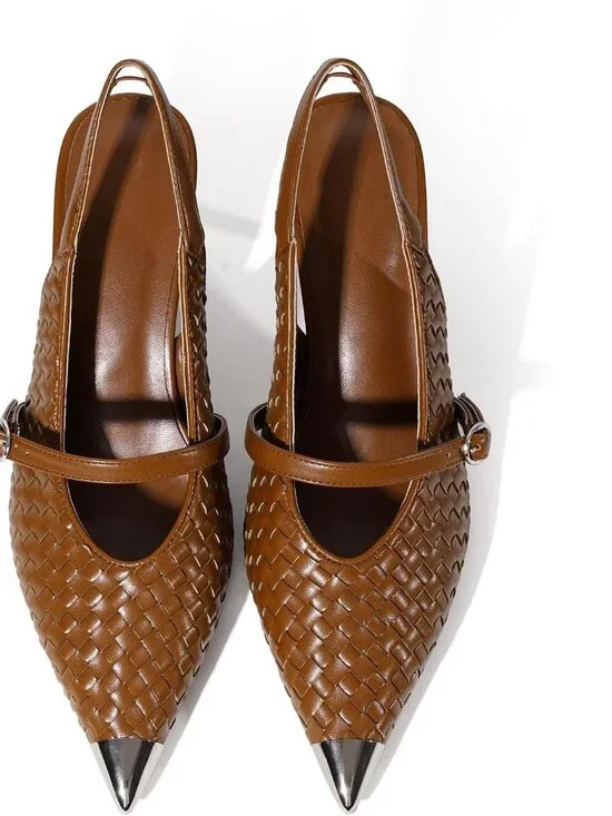 Women Pumps Stiletto Heels Metal Closed Pointed Toe Buckle Strap Shoes Brown - Picture 4 of 5